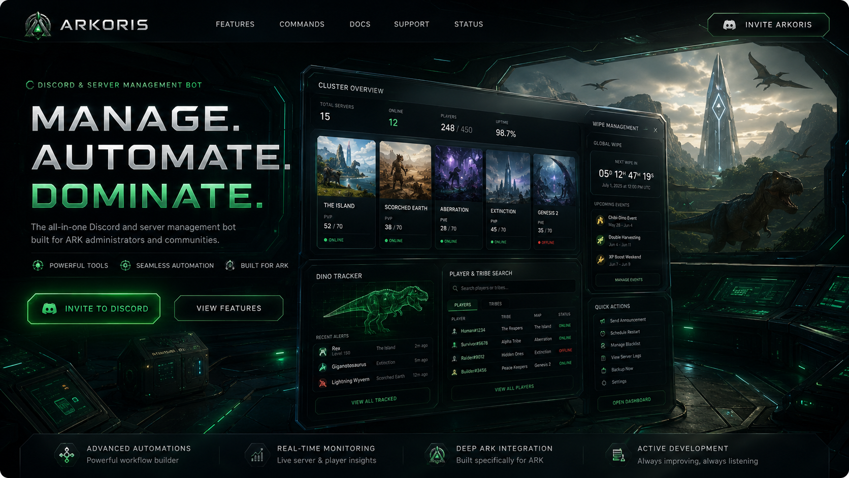 Arkoris command center — dashboard, modules, and live cluster stats
